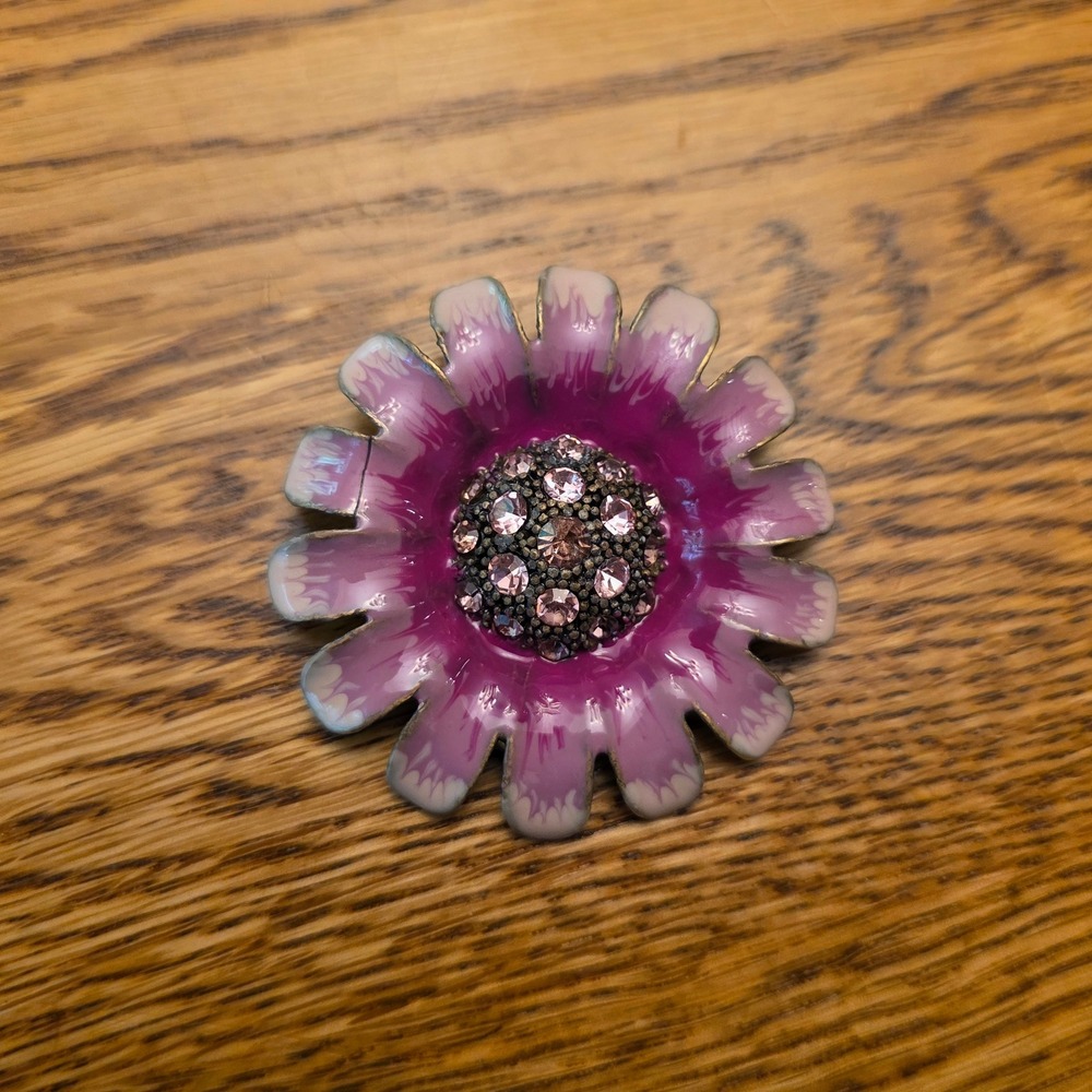 Vintage Purple Enamel Flower Brooch Pink Rhinestone Center Floral Pin 2" 60s